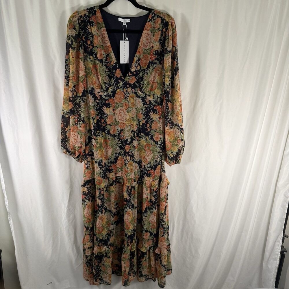 New Balticborn Bowman Dress Women Medium Blue Floral Deep Vneck Long Sleeve Maxi - Picture 1 of 10